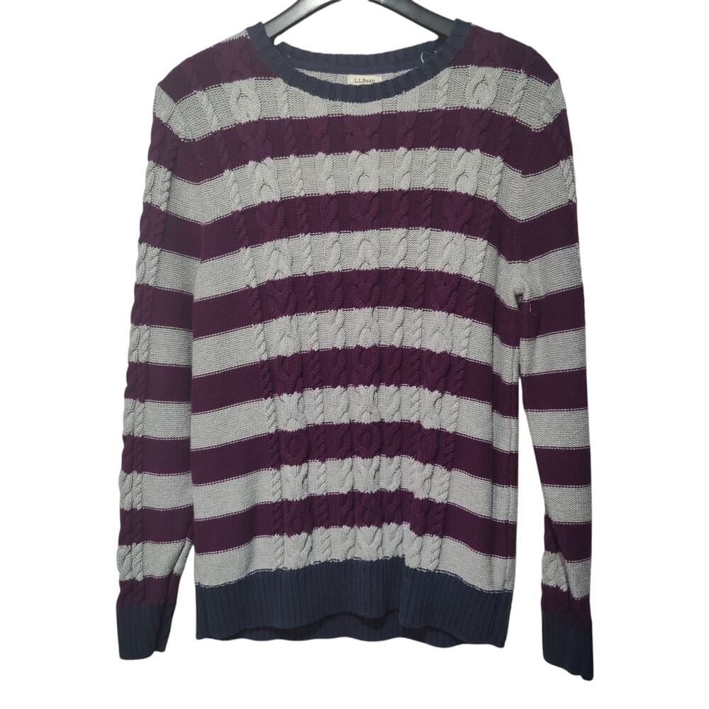 L.L. Bean Women's Sz L Purple Grey Stripe Cable Knit Crew Neck Fisherman Sweater